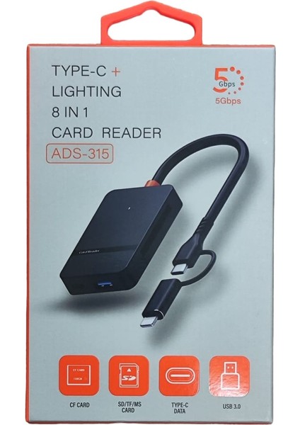 8 In 1 Type C - Lightning USB Çoklayıcı- Compact Flash- Microsd-Sd Kart Okuyucu Type C Giriş