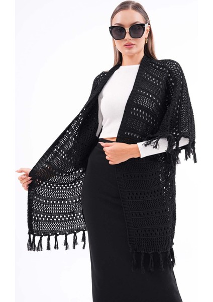 Kadın Yarasa Kol Püsküllü Triko Örme Hırka 245084 -