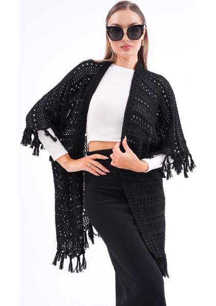 Kadın Yarasa Kol Püsküllü Triko Örme Hırka 245084 -
