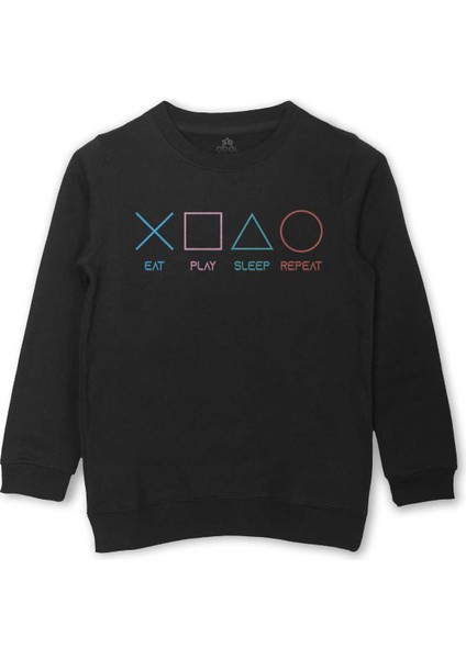 Eat Play Sleep Repeat Gamer Oyun Baskılı Çocuk Sweatshirt Siyah Sweat