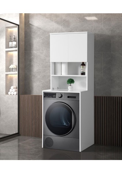 Çamaşır Makinesi Üstü Banyo Dolabı Rafı Kapaklı