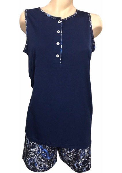 NENA-26307-Kadın Sıfır Kollu Patlı % 100 Pamuk Viskon Şortlu Pijama Takımı