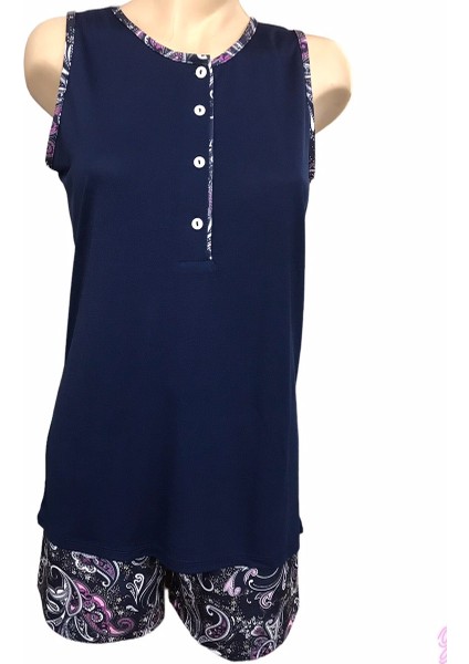 NENA-26307-Kadın Sıfır Kollu Patlı % 100 Pamuk Viskon Şortlu Pijama Takımı