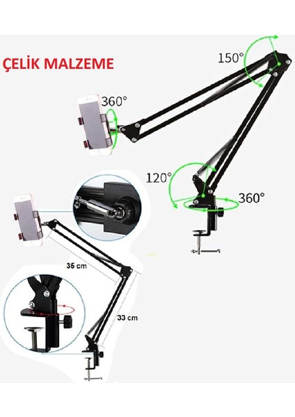 Umotech Ayarlanabilir Masaüstü Telefon Tutucu Kol, 360° Dönen Esnek ve Dayanıklı Kıskaçlı Stand - Siyah