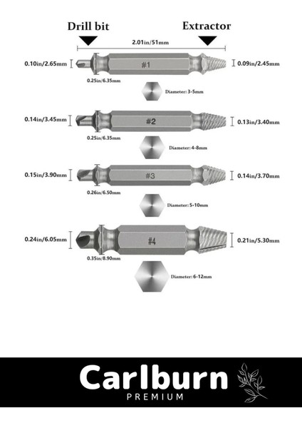 Premium 4 Başlıklı Paslanmaz Çelik Hasarlı Bozuk Vida Çıkarıcı Hasar Görmüş Vida Sökme Seti