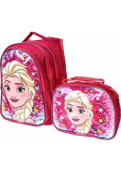 Kız Çocuk Full Pembe Tek Elsa Figürlü Ilkokul Anaokulu Beslenme ve Okul Çantası Seti