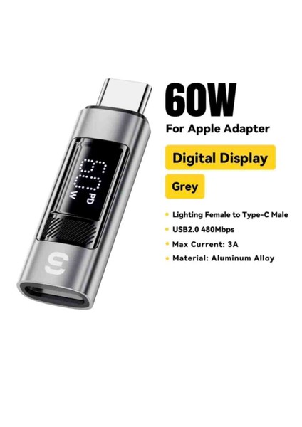 Type-C To İphone Lightning 60W Hızlı Adaptör Çevirici CE/FC/ROHS Lisanslı Dijital Göstergeli Son Nesil Teknoloji
