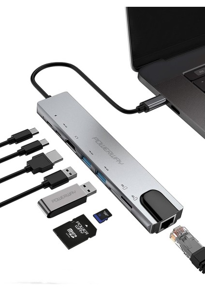 Powerway 8 In 1 Type-C Hub Dönüştürücü 4K HDMI USB Micro Sd Gigabyte Ethernet