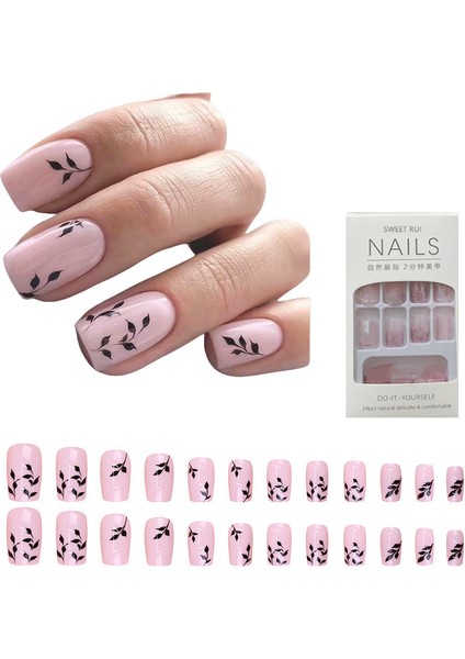 Pembe Çiçek Desenli Takma Çivi 24 Parça Yapışkanlı (Yurt Dışından)