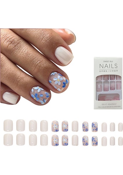 Mavi Vintage Çiçek Desenli Takma Çivi 24 Parça Yapışkanlı (Yurt Dışından)