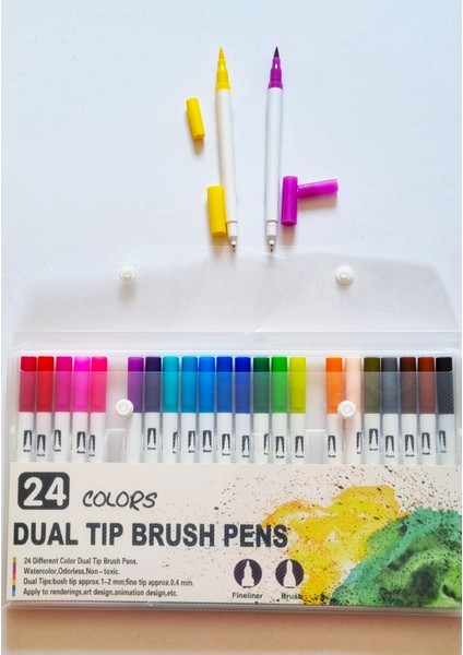 24 Renk Çift Taraflı Dual Tip Brush Pens Fırça Uçlu & Fineliner Sanat Kalemi