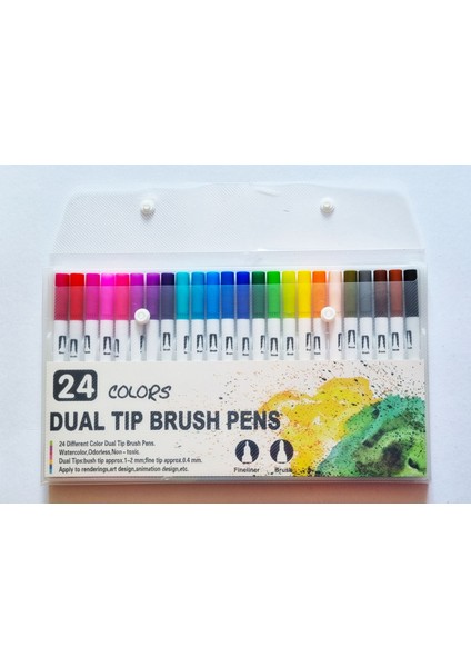 24 Renk Çift Taraflı Dual Tip Brush Pens Fırça Uçlu & Fineliner Sanat Kalemi