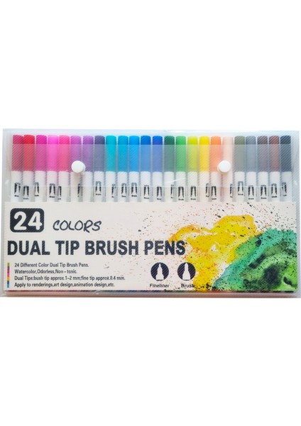 24 Renk Çift Taraflı Dual Tip Brush Pens Fırça Uçlu & Fineliner Sanat Kalemi