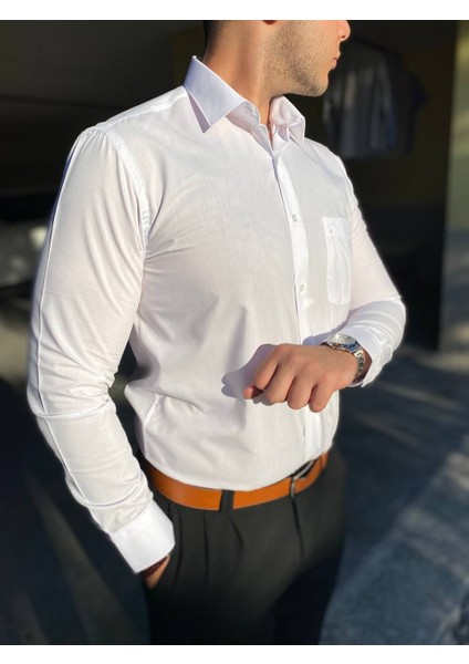 Klasik Fit Geniş Kesim Tek Cepli Kolay Ütülenebilen Mevsimlik Uzun Kollu Düz Renk Erkek Gömlek