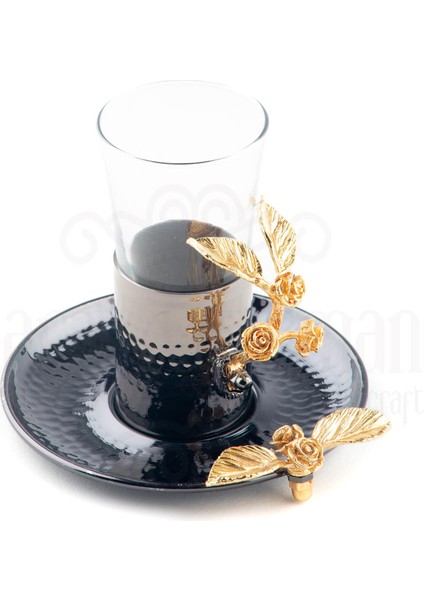 Altın Güllü Dikdörtgen Tepsi + 6'lı Çay Bardağı Siyah