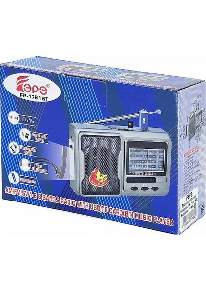 FP-1781BT Fm Radyolu Bluetoothlu Şarjlı Cep Radyosu + El Feneri