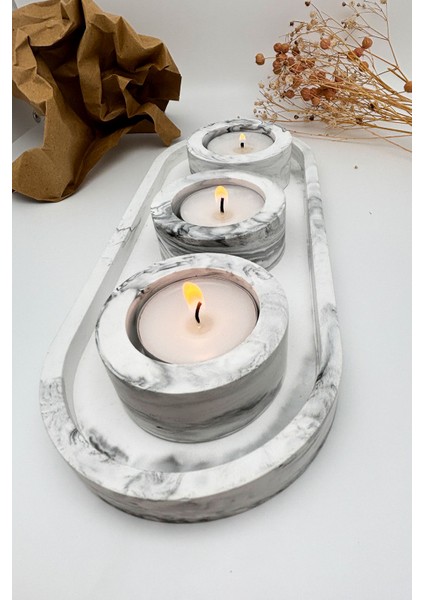 Mermer Desneli 4 Parça Tealight Mum Seti (3 Adet Tealight Mum Hediyemizdir)