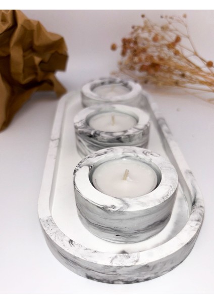 Mermer Desneli 4 Parça Tealight Mum Seti (3 Adet Tealight Mum Hediyemizdir)