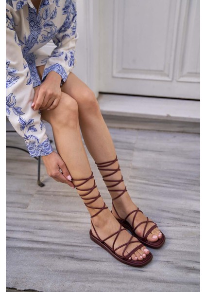 Bordo Kadın Sarma Bağcıklı Puf Sandalet fırsatları