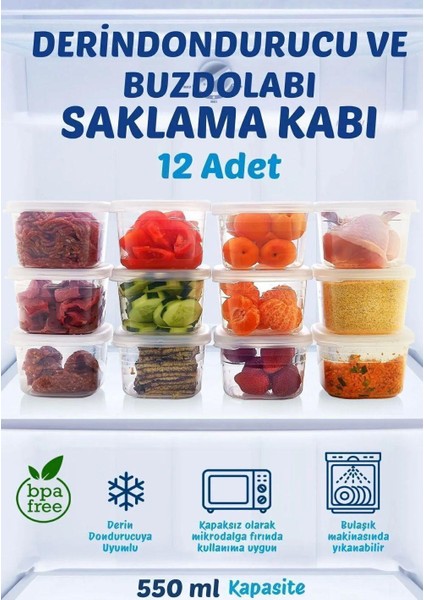 Practical 550 ml Derin Dondurucu ve Buzdolabı Saklama Kabı 12' Li Set (Gıda Temasına Uygun)