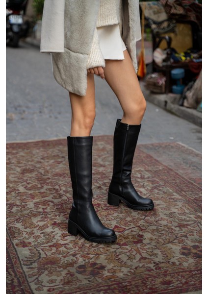 Siyah Kadın Diz Boyu Topuklu Çizme