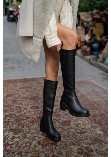 Siyah Kadın Diz Boyu Topuklu Çizme fiyatları