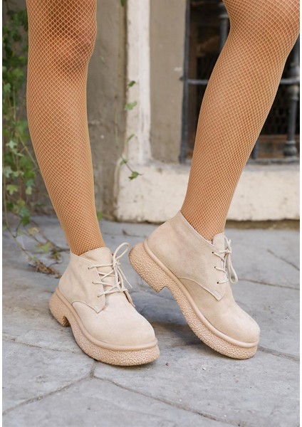 Bej Kadın Süet Bağcık Detay Bootie