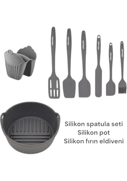 Airfryer 3'lü Set, Silikon Pişirme Kabı, Silikon Spatula Seti 6'lı, Silikon Fırın Eldiveni