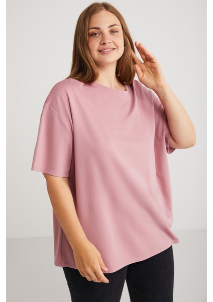 Vivian Kadın Interlok Oversize Yuvarlak Yaka Pembe Büyük Beden T-Shirt