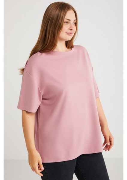 Vivian Kadın Interlok Oversize Yuvarlak Yaka Pembe Büyük Beden T-Shirt