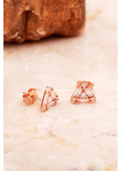 Baget Taşlı Üçgen Mini Rose Gümüş Küpe 6914