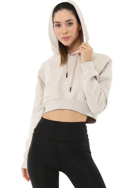 Storm Crop Kapüşonlu Kadın Sweatshirt Bej