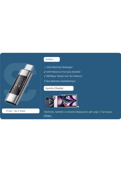 Type-C To İphone Lightning 60W Hızlı Adaptör Çevirici CE/FC/ROHS Lisanslı Dijital Göstergeli Son Nesil Teknoloji