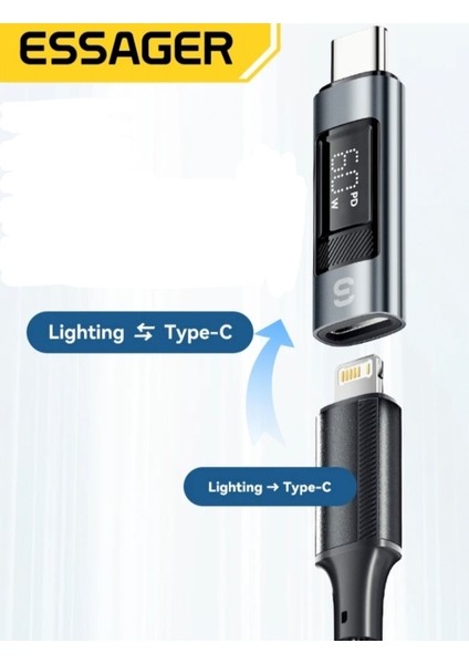 Type-C To İphone Lightning 60W Hızlı Adaptör Çevirici CE/FC/ROHS Lisanslı Dijital Göstergeli Son Nesil Teknoloji