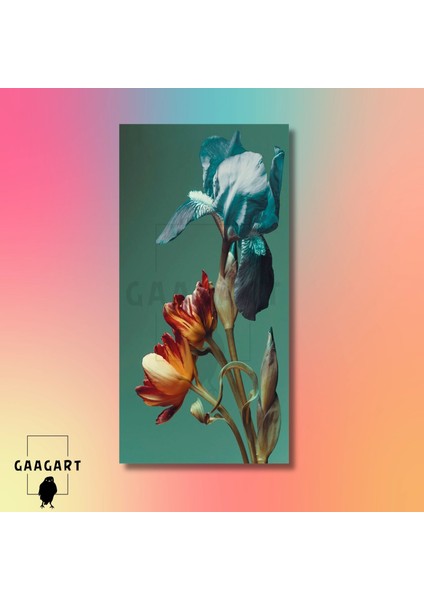Panaromik Dikey Kanvas Tablo Mavi Kırmızı Yakın Çekim Çiçekler modelleri