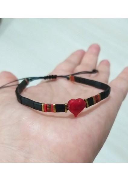 Kırmızı Murano Cam Küçük Kalp ve Hematit Doğaltaşlı Miyuki Tila Bileklik fırsatları