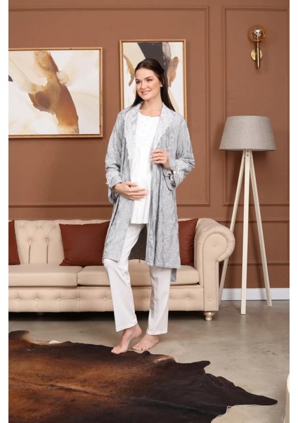 Birolgaye Bone Club 5706 Ekru Jakarlı 3lü Hamile Lohusa Pijama Sabahlık Tk