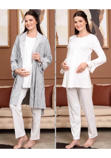 Birolgaye Bone Club 5706 Ekru Jakarlı 3lü Hamile Lohusa Pijama Sabahlık Tk