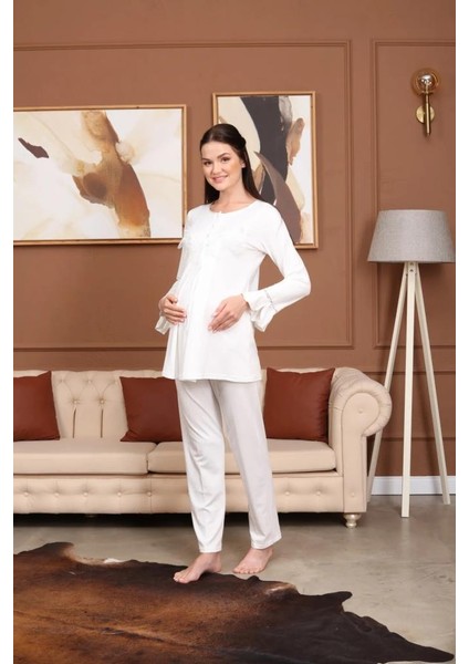 Birolgaye Bone Club 5706 Ekru Jakarlı 3lü Hamile Lohusa Pijama Sabahlık Tk