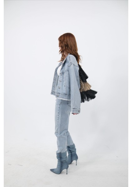 Üç Renk Püsküllü Crop Oversize Kot Ceket fiyatları