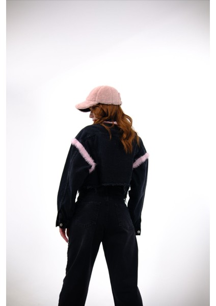 Pembe Peluş Detaylı Crop Oversize Kot Ceket