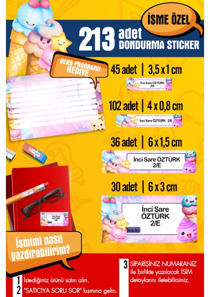 Okul Etiketi Dondurma Temalı Özel Isim Yazılabilen Kalem, Defter, Boya, Kitap Etiketi - 213 Adet