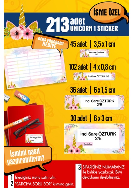 Okul Etiketi Unıcorn 1 Temalı Özel Isim Yazılabilen Kalem, Defter, Boya, Kitap Etiketi - 213 Adet