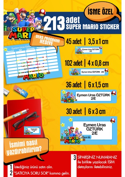 Okul Etiketi Super Marıo Temalı Özel Isim Yazılabilen Kalem, Defter, Boya, Kitap Etiketi - 213 Adet