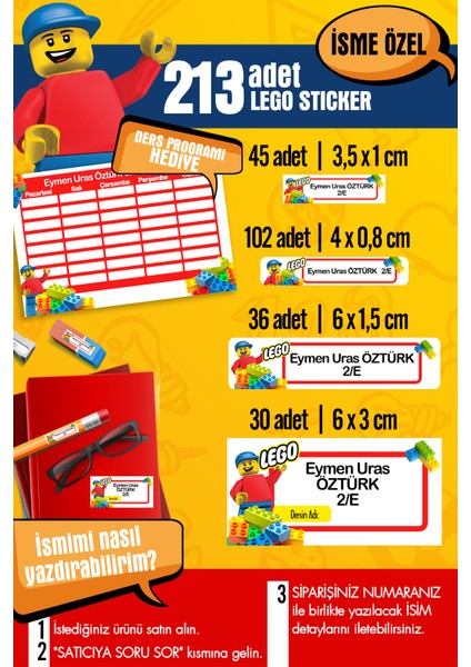 Okul Etiketi LEGO Temalı Özel Isim Yazılabilen Kalem, Defter, Boya, Kitap Etiketi - 213 Adet