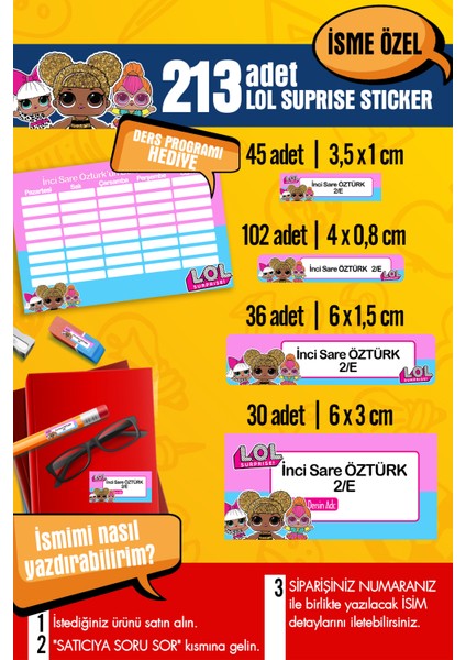 Okul Etiketi Lol Surprıse Temalı Özel Isim Yazılabilen Kalem, Defter, Boya, Kitap Etiketi - 213 Adet
