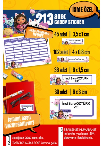 Okul Etiketi Gabby Temalı Özel Isim Yazılabilen Kalem, Defter, Boya, Kitap Etiketi - 213 Adet