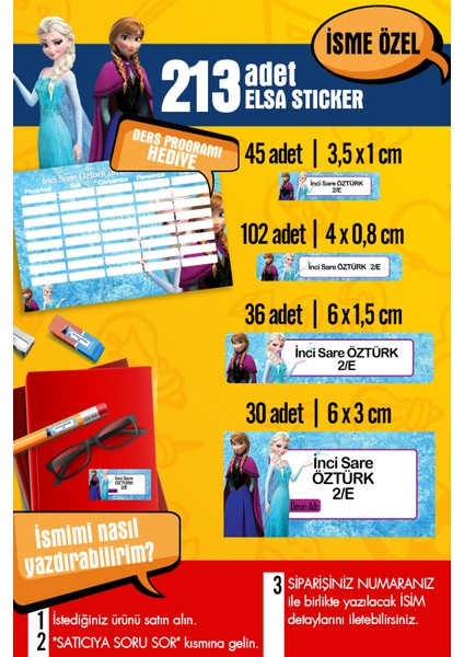 Okul Etiketi Elsa Temalı Özel Isim Yazılabilen Kalem, Defter, Boya, Kitap Etiketi - 213 Adet
