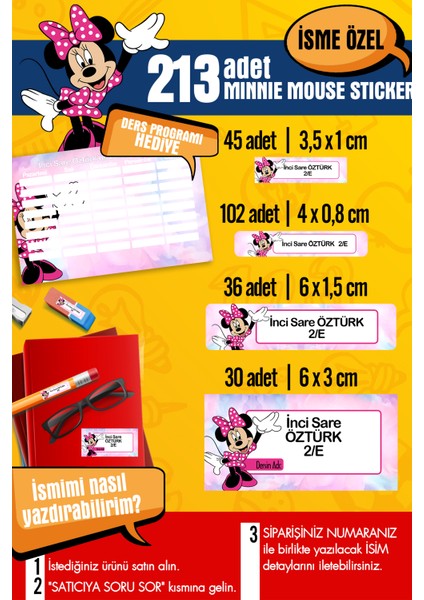 Okul Etiketi Mınnıe Mouse Temalı Özel Isim Yazılabilen Kalem, Defter, Boya, Kitap Etiketi - 213 Adet