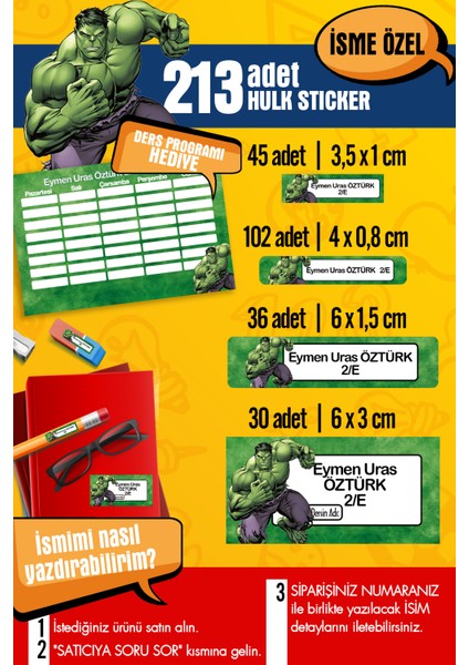 Okul Etiketi Hulk Temalı Özel Isim Yazılabilen Kalem, Defter, Boya, Kitap Etiketi - 213 Adet
